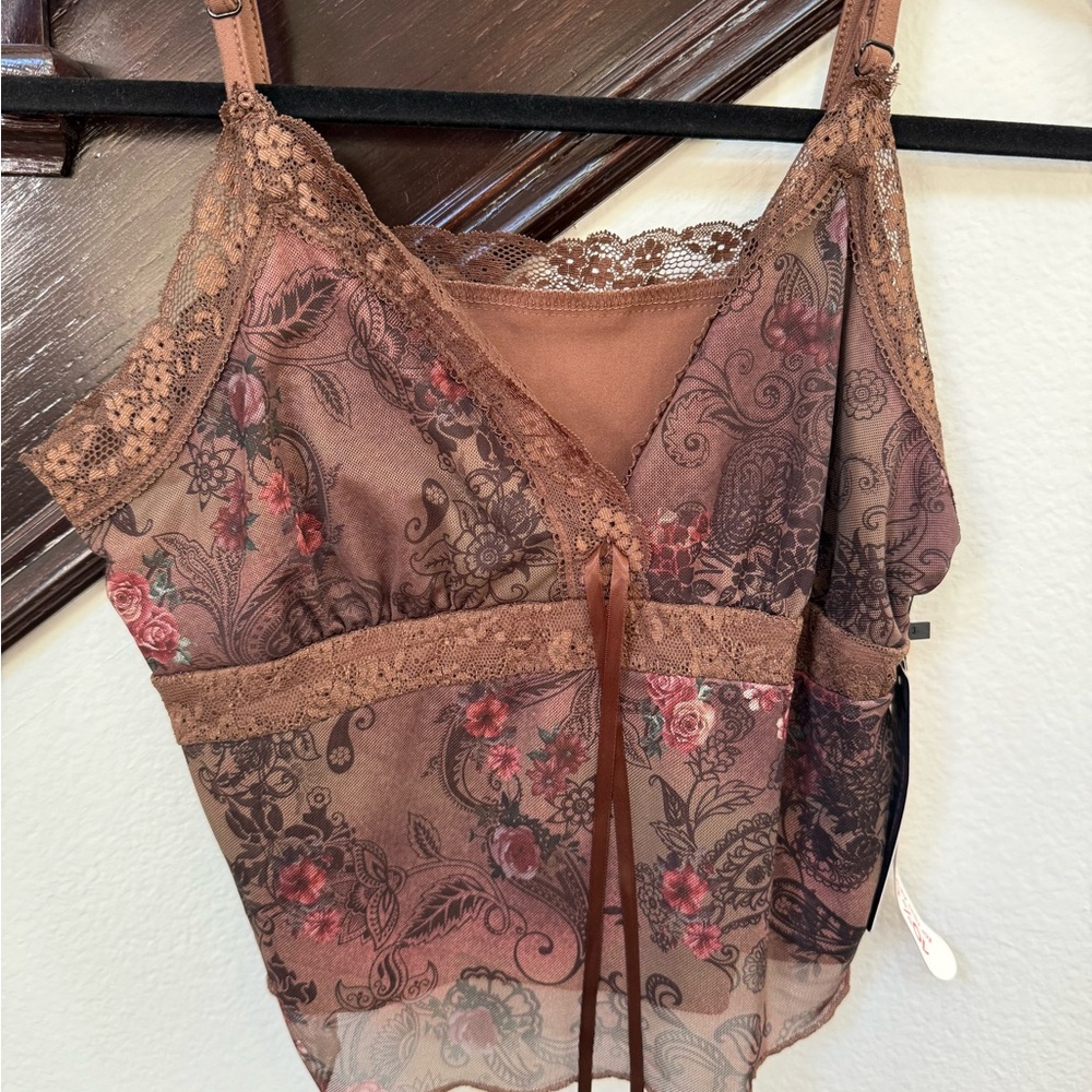 NWT ROMWE Brown Paisley & Rose Print Mesh Tank Lace Trim